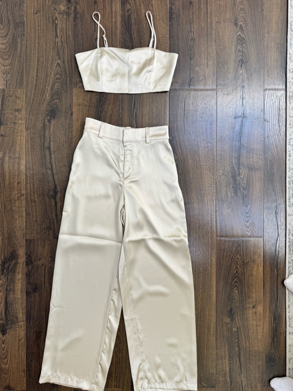 Harlow Cream Wide-Leg Pants with Matching Crop Top Set